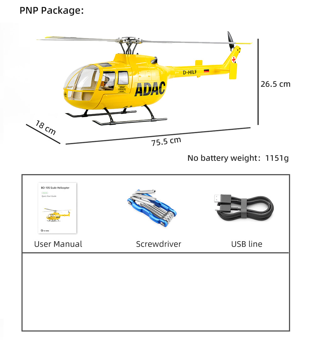 Flywing BO-105 6CH RC GPS Stabilized Scale helicopter 450L size Fuselages with H1