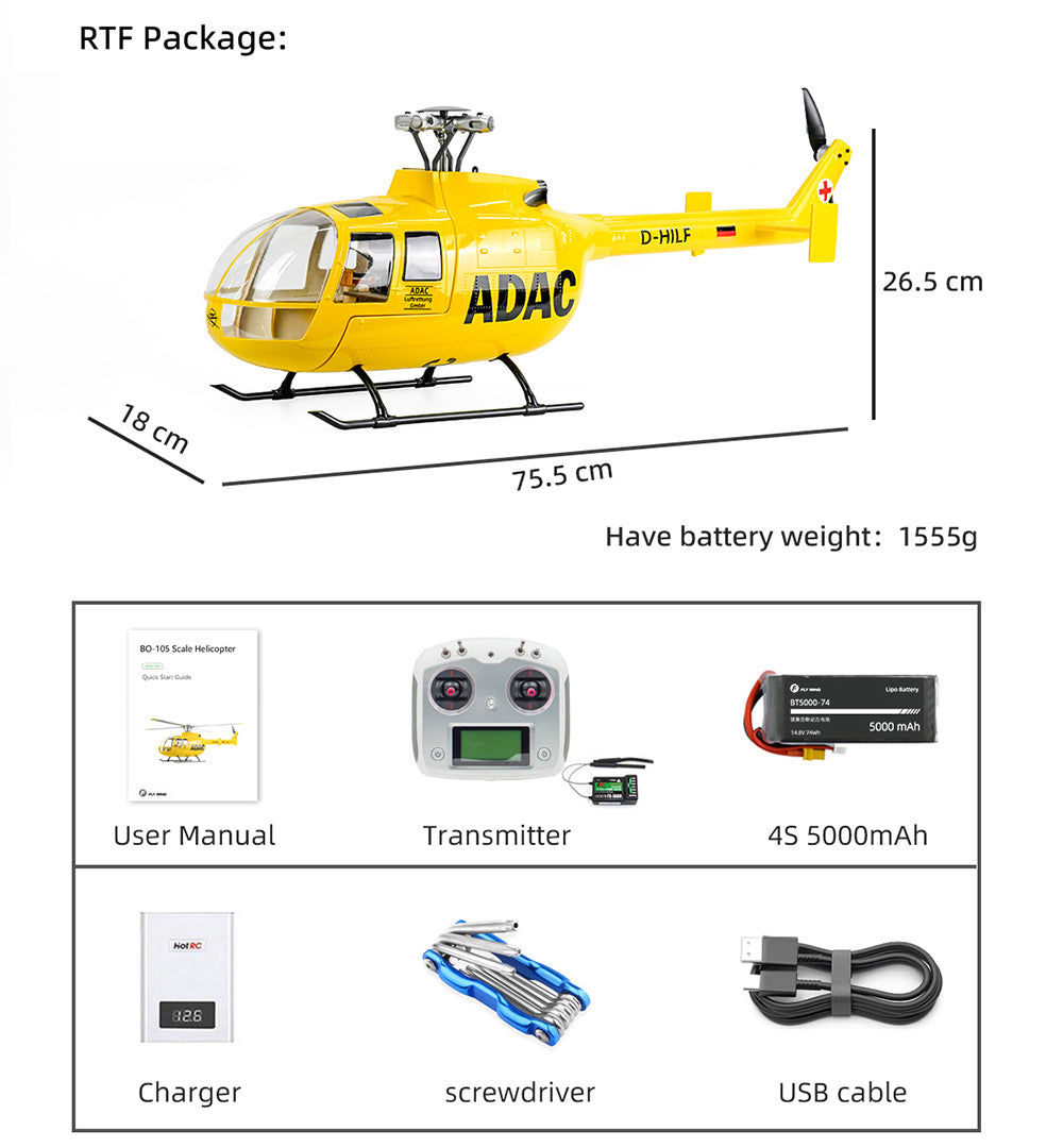 Flywing BO-105 6CH RC GPS Stabilized Scale helicopter 450L size Fuselages with H1