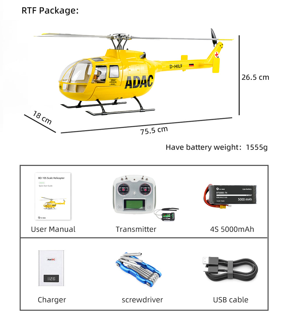 Flywing BO-105 6CH RC GPS Stabilized Scale helicopter 450L size Fuselages with H1